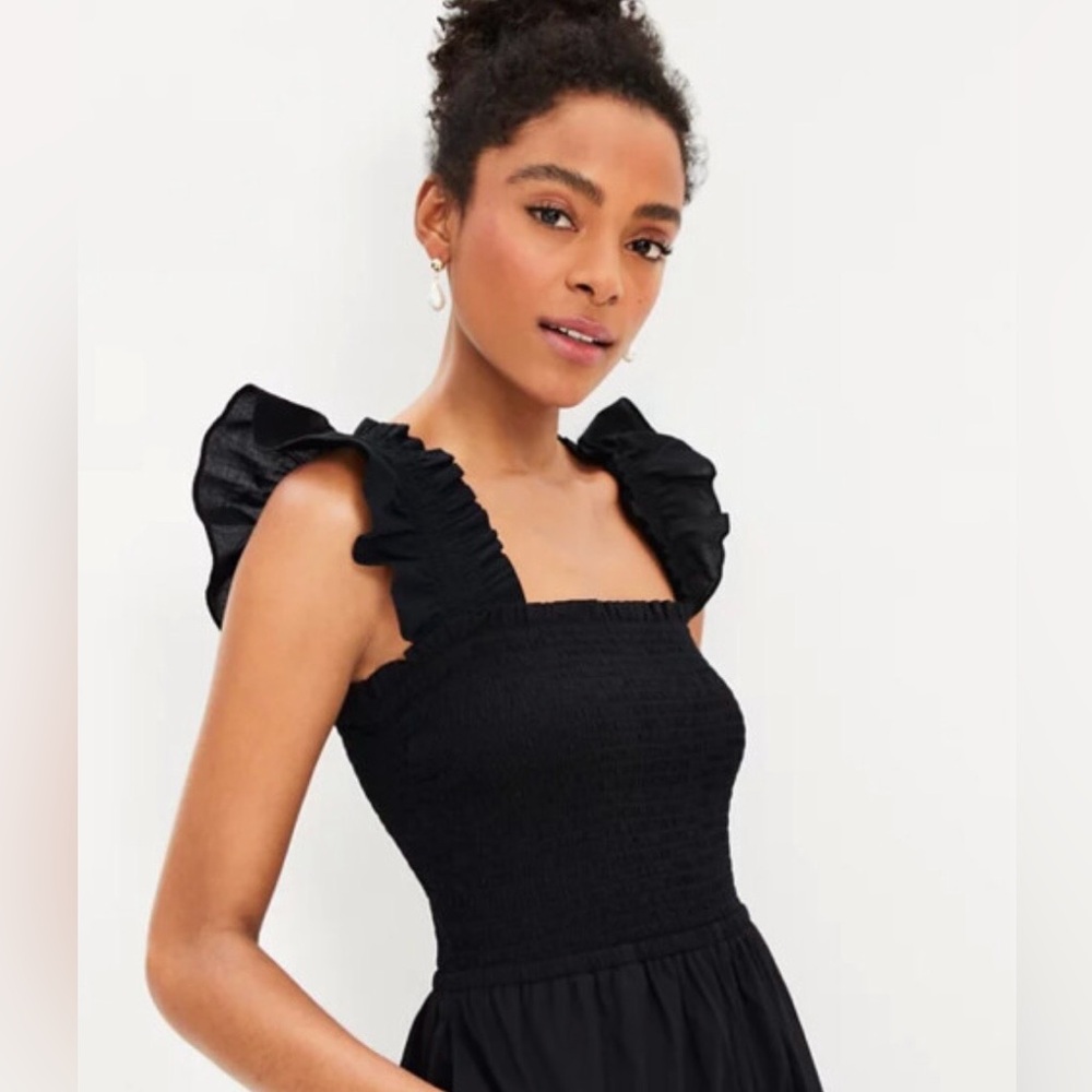 LOFT Beach Ruched Wide Leg Jumpsuit for Black with pockets. 100% cotton - Picture 2 of 14
